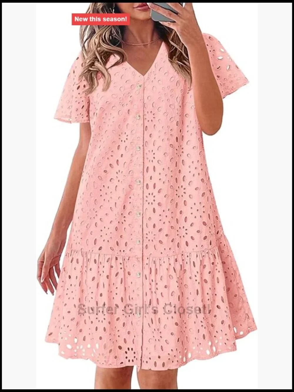 Eyelet Short Sleeve Button Down Babydoll Mini Dress Casual Summer - Picture 1 of 7